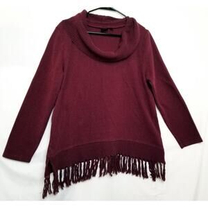 Rafaella Women's Burgundy Sweater Top W) Ribbed Cowl Neck & Fringed Hem- X Large